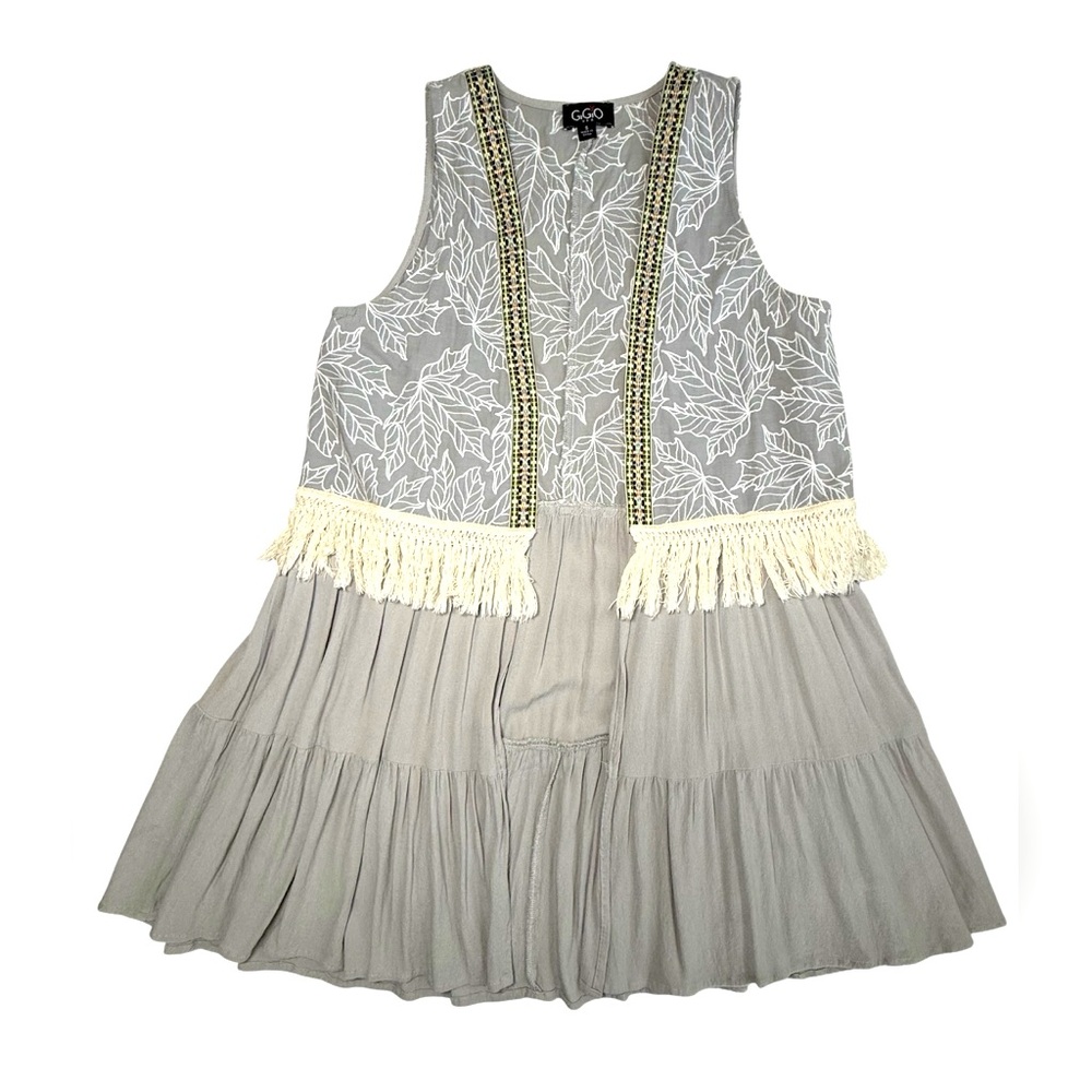 GigiO USA Women’s Boho Tiered Fringe Vest Tunic Top Gray Size Small cotton blend